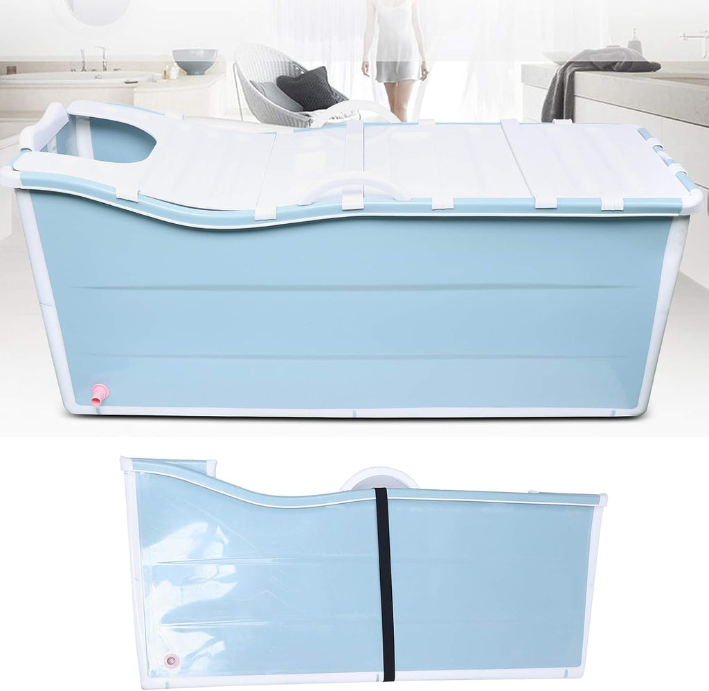 Portable Foldable Bathtub 53In Freestanding Bathtub with Lid & Drain-pipe, Blue Thickened Plastic Collapsible Soaking Bath Tub for Adults, Bearing Capacity 92.48lbs (with Lid)