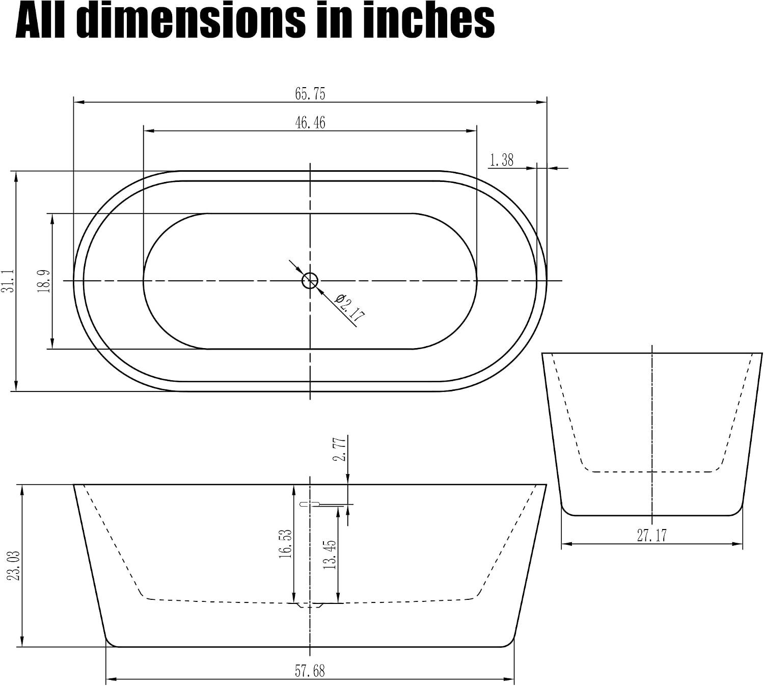 HEATGENE 66 Inches Acrylic Freestanding Bathtub Contemporary Soaking Tub Oval Modern Bathtub Easy to Install UPC Certified Drain & Overflow Assembly Included