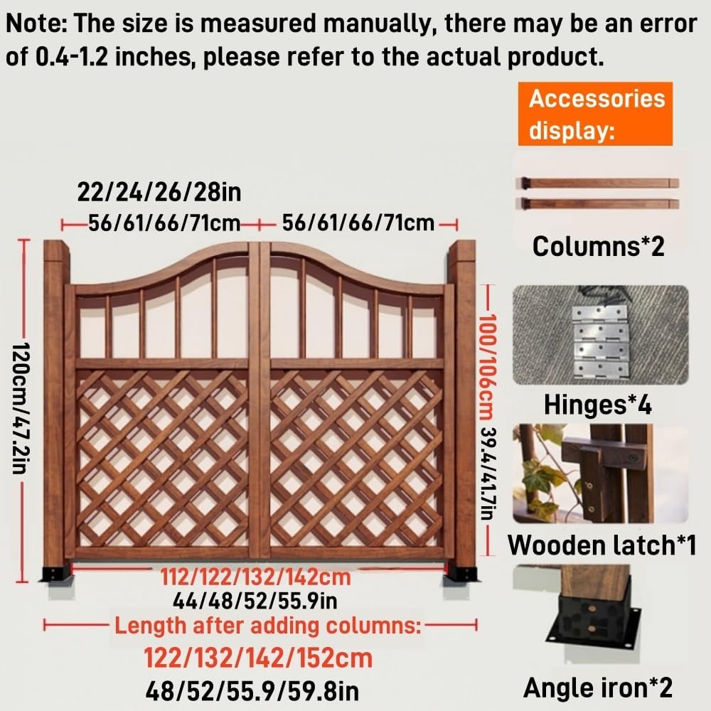 Wooden Fence Gate, Outdoor Garden Gate with Latches, Arched Double-Door Partition for Vegetable Gardens, Patios, and Entrances