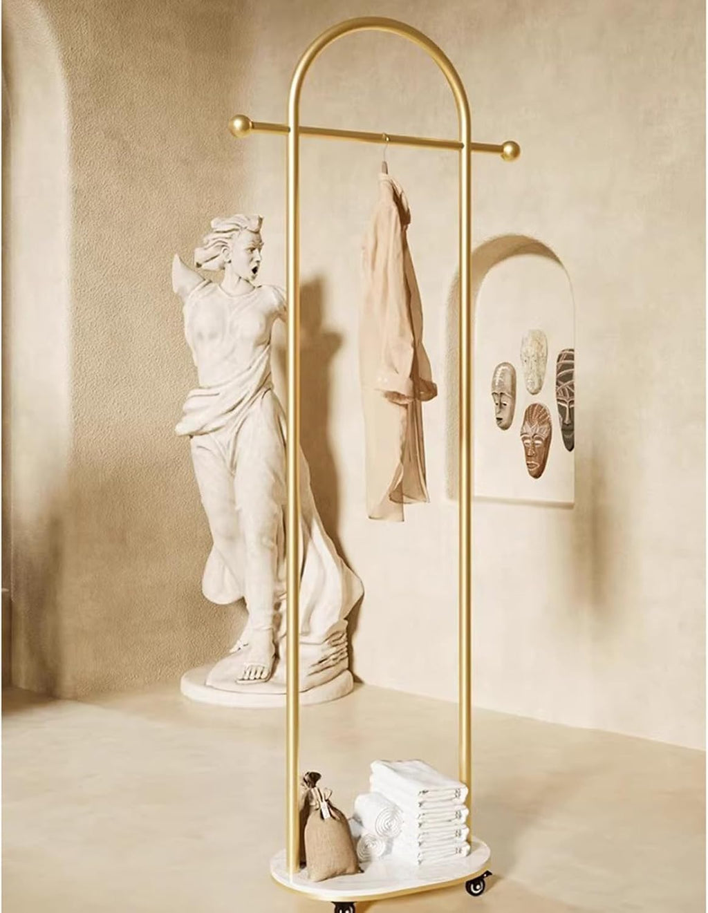 Metal Coat Rack Freestanding,Garment Rack Modern Clothing Rack with Marble Base, Small Coat Hanger Stand with 2 Hooks for Bag and Hat, Space Saving Clothes Organizer for Bedroom(Gold)