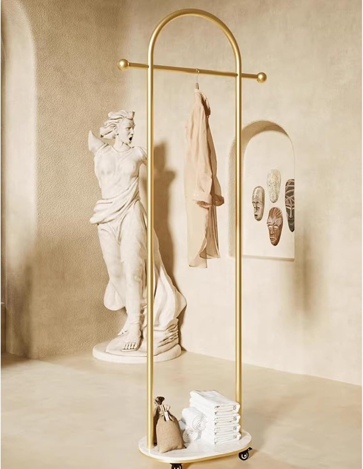 Metal Coat Rack Freestanding,Garment Rack Modern Clothing Rack with Marble Base, Small Coat Hanger Stand with 2 Hooks for Bag and Hat, Space Saving Clothes Organizer for Bedroom(Gold)
