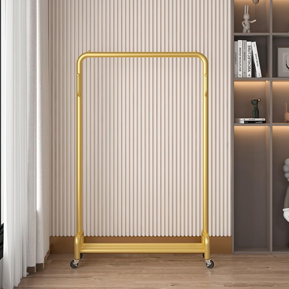 Rolling Clothes Rail with Hooks and Storage Shelf, Freestanding Clothing Garment Rack with Wheels, Clothes Organizer for Bedroom, Laundry Room (Color : Gold, Size : 80x40x130cm)