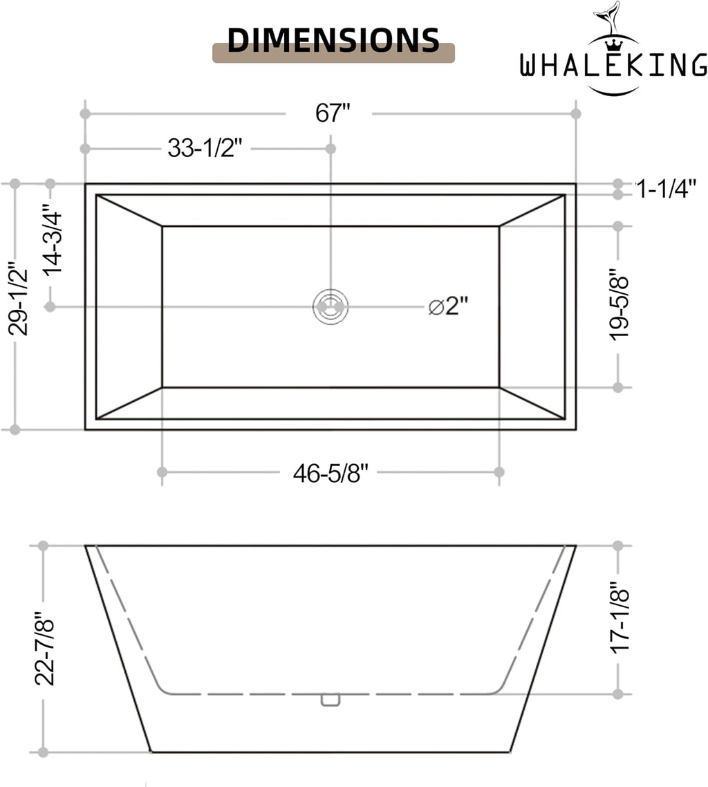 67 inch Square Free Standing Soaking Bathtub, Contemporary Stand Alone Freestanding Acrylic Tub with Chrome Drain & Overflow, Glossy White