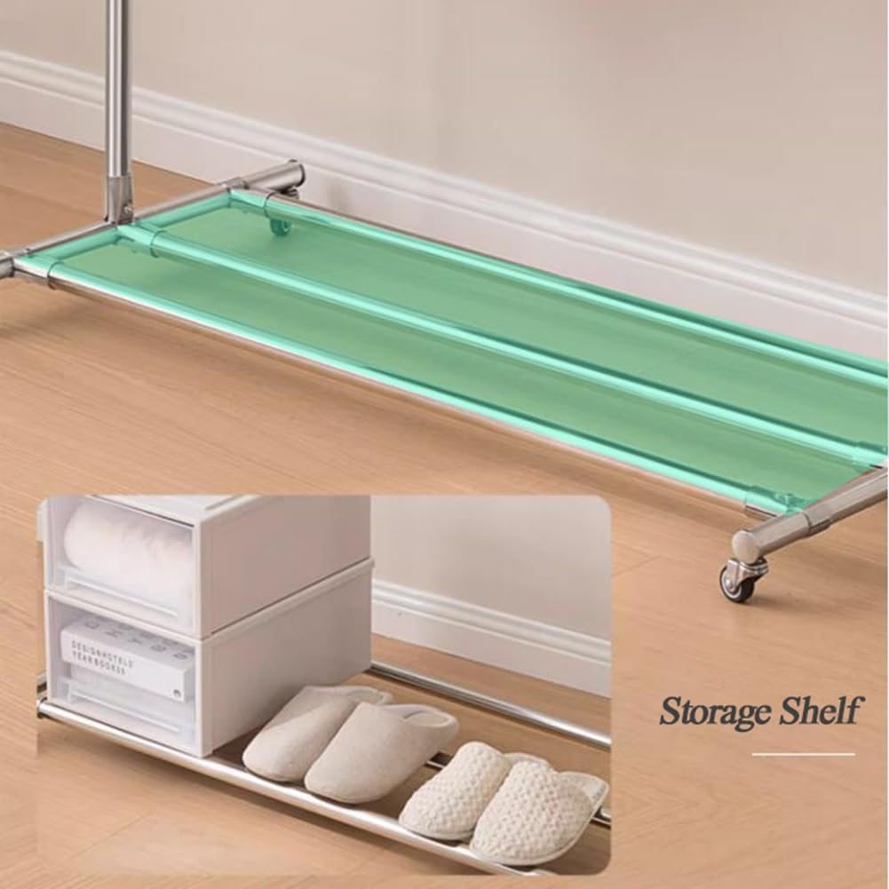 Double Clothes Garment Rack with Wheels, Extendable Rod, Heavy Duty Clothes Rail with Bottom Shelf and 4 Casters, Rolling Clothing Rack for Hanging Clothes, Load 100kg