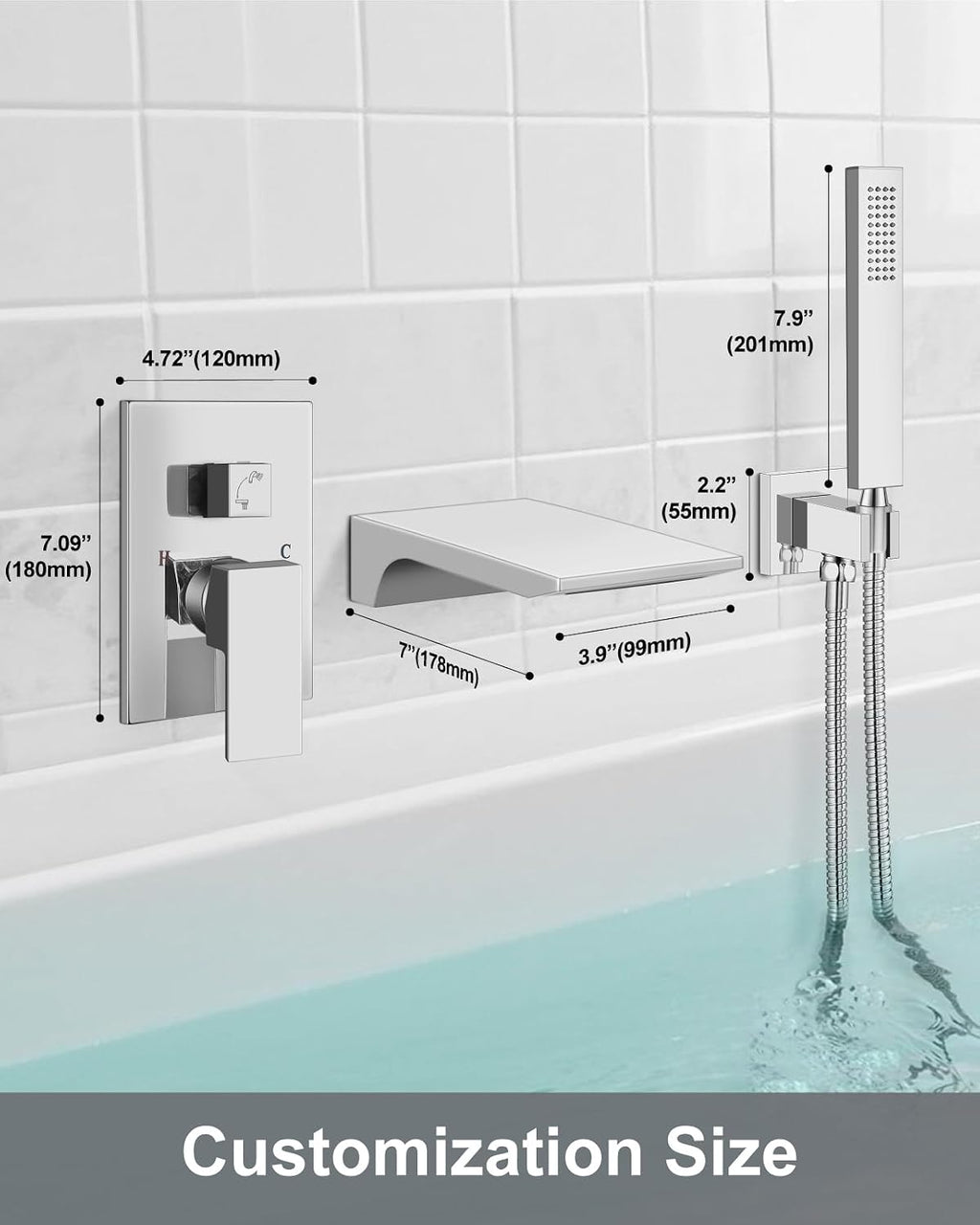 Aolemi Wall Mount Bathtub Faucet,Tub Faucet Set Waterfall Wall Mounted Tub Filler with Handheld Sprayer Single Handle,Polish Chrome