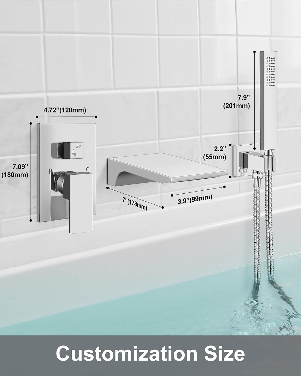Aolemi Wall Mount Bathtub Faucet,Tub Faucet Set Waterfall Wall Mounted Tub Filler with Handheld Sprayer Single Handle,Polish Chrome
