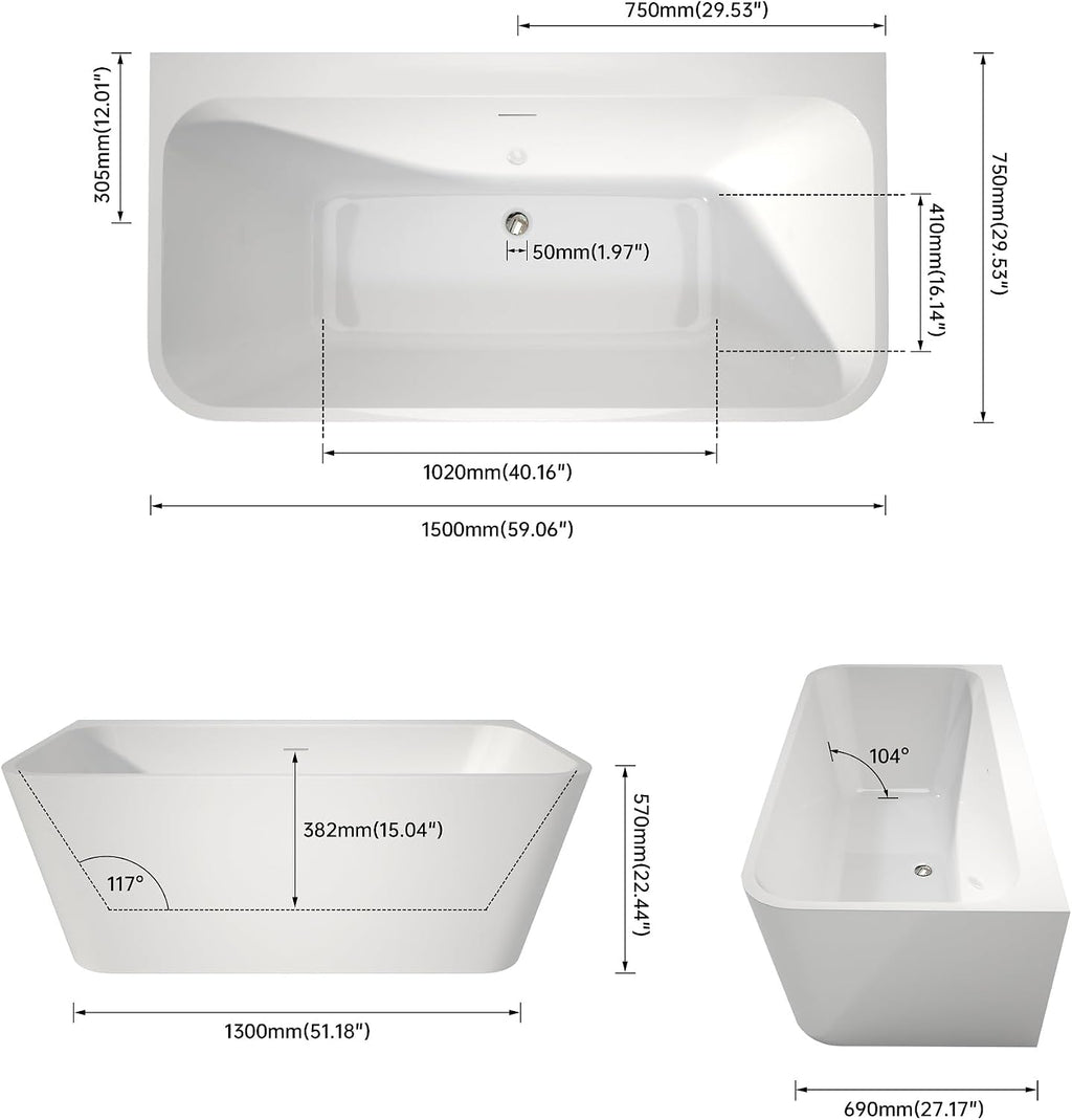 59' Modern Stand Alone Free Standing Bathtubs, White Acrylic Tub | Upgraded Square Soaking Bathroom Tub with CUPC Drain