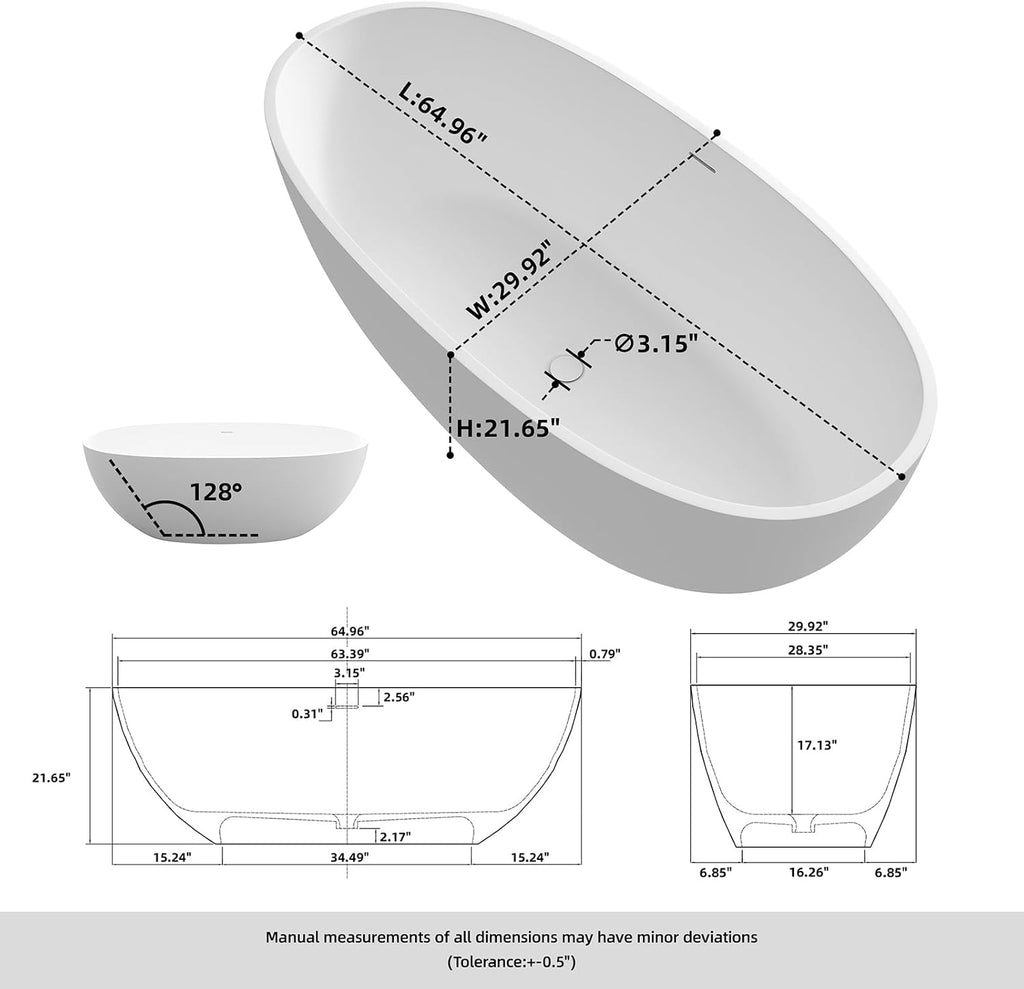 65'' Freestanding Bathtub Resin Stone Soaking Freestanding Tubs Matte Solid Surface Flatbottom Tub with Overflow and Pop-up Drain - White…