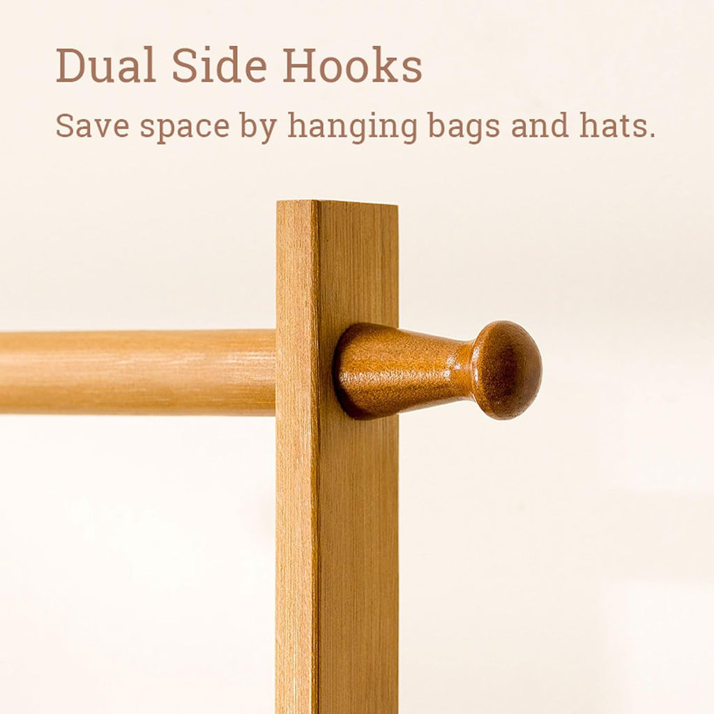Bamboo Clothes Rack with Storage Cabinet Clothing Hanging Rail, Open Wardrobe Coat Stands Free Standing Garment Rack for Bedroom Living Room Hallway