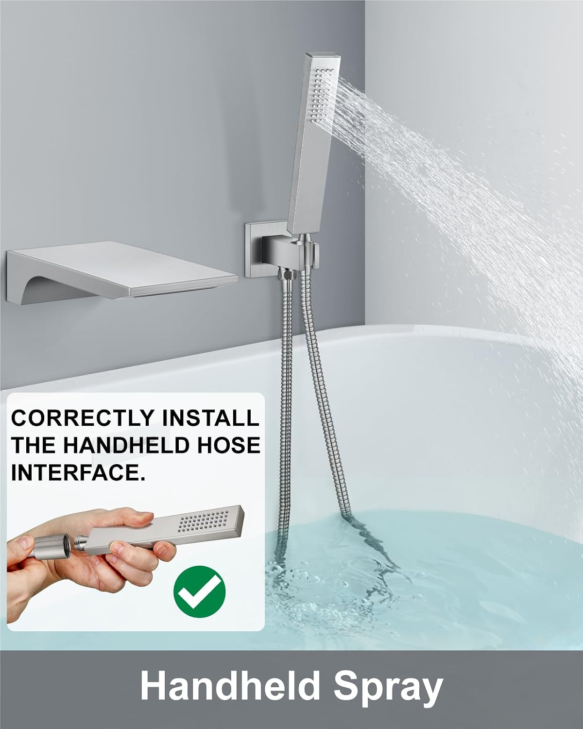 Aolemi Wall Mount Bathtub Faucet,Tub Faucet Set Waterfall Wall Mounted Tub Filler with Handheld Sprayer Single Handle,Brushed Nickel