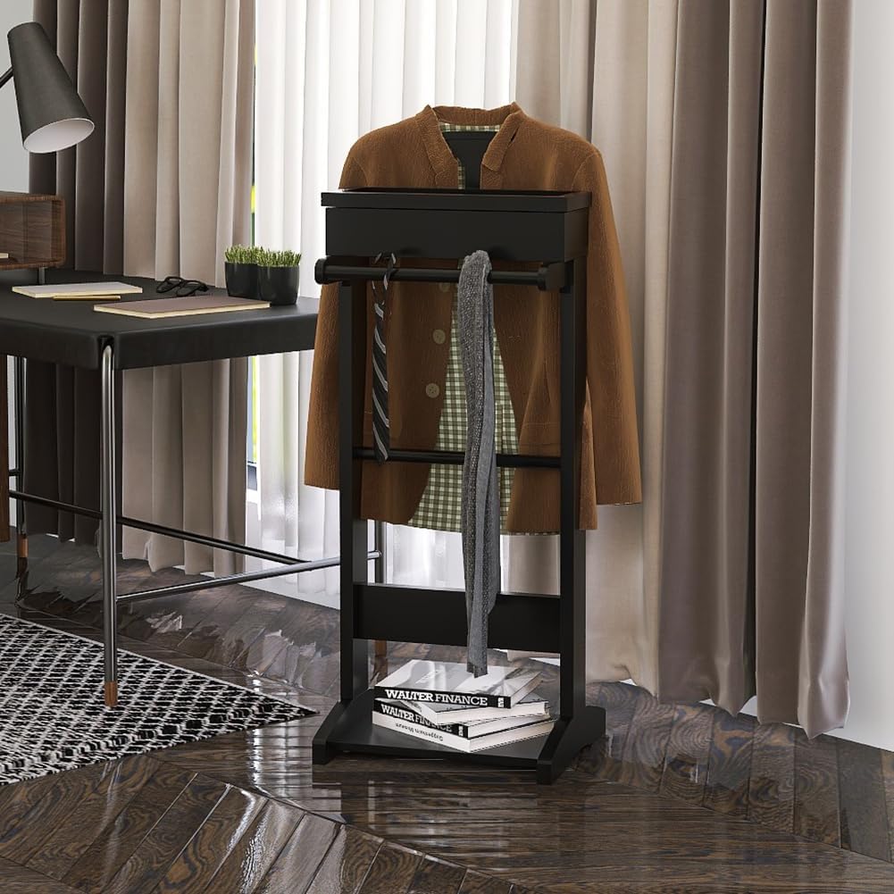 Wooden Valet Stand for Men, Modern Mens Valet Stand with Tray Organizer, Shoe Shelf, Hanging Rod & Suit Rack, Freestanding Clothes Rack for Bedroom Entryway Office, Black