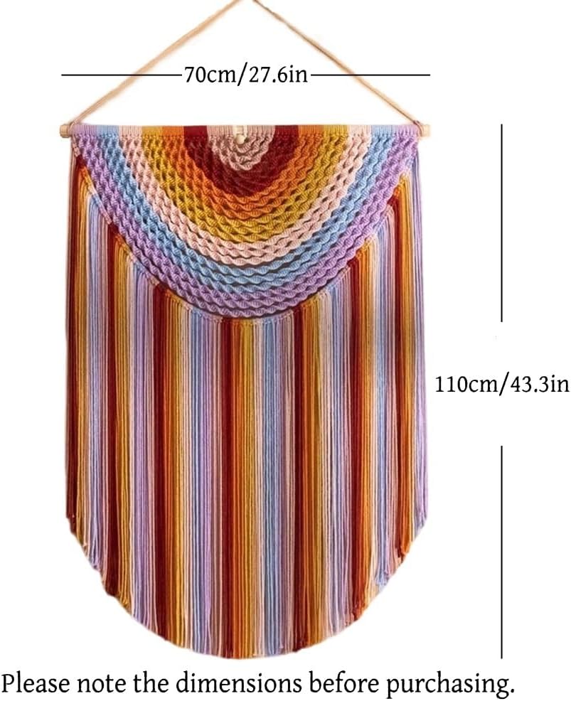 Colorful Cotton Wall Tapestry, Boho Tapestry with Solid Wood Rod, Hand Woven Large Macrame Wall Hanging, Exquisite Woven Wall Decor for Living Room and Bedroom
