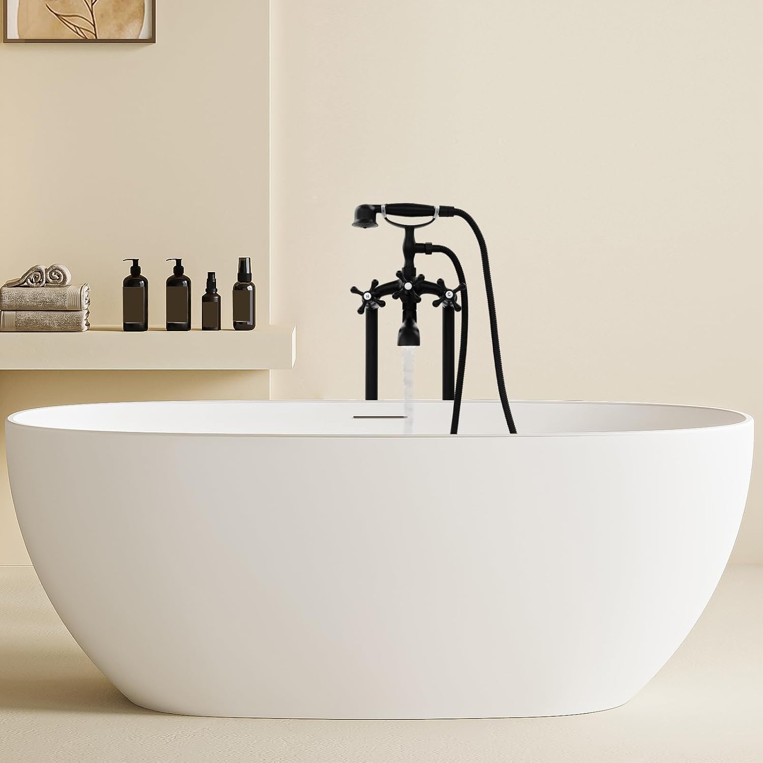 Freestanding Bathtub Faucet with Hand Spray, Floor Mounted Tub Filler, Black Brass, 41.33 Inch Height, Modern Style