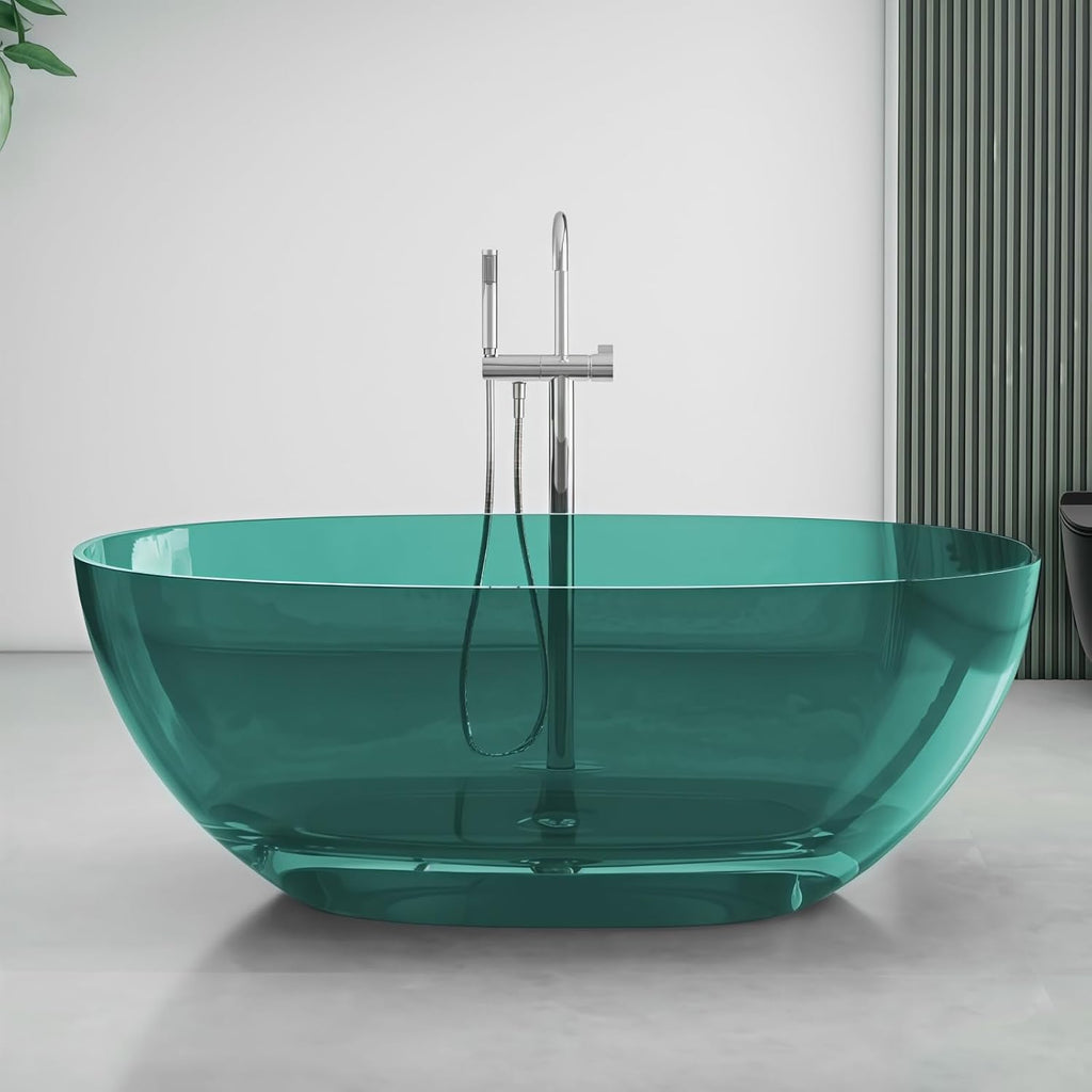 55' Edeyeu Freestanding Bathtub - Luxury Natural Resin Solid Surface Bathtub, Crystal Translucent Extra Deep Soaking Tub, High-End Stand Alone Free Standing Tub For Modern Bathroom Design Blue A