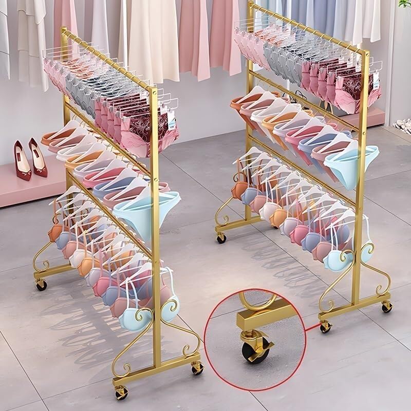 REMYS 3 Tiers Metal Swimsuit Clothes Organizer Shelves, Underwear Panty Rack Shorts Display Bra Stand, Freestanding Garment Rack with Wheels, for Bedroom/Boutique(Gold,60x40x130cm)
