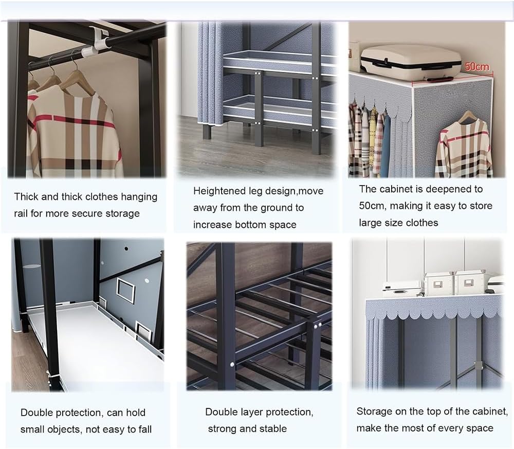Free Standing Clothing Rack, Portable Closet Wardrobe Rack with Cover, Heavy-Duty Garment Rack, Armoires Clothes Storage Organizer Shelves, for Cloakroom, Bedroom,168cm