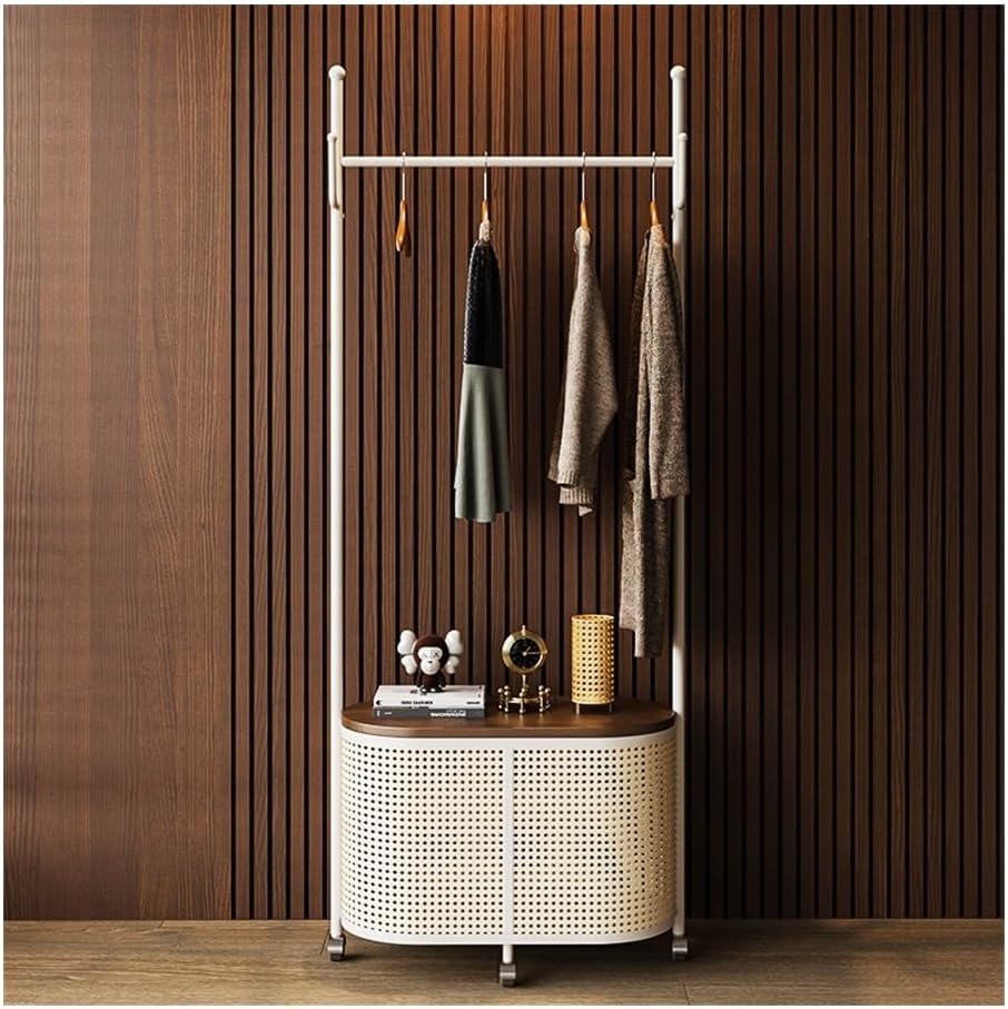 Coat Stand Vintage Style Freestanding Garment Rack with Removable Wicker Laundry Basket - Bedroom Clothes Hat Stand for Retro Storage and Hanging(White)
