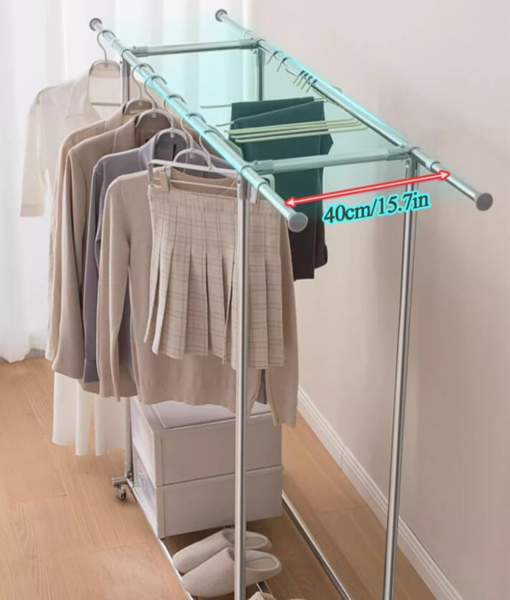 Double Clothes Garment Rack with Wheels, Extendable Rod, Heavy Duty Clothes Rail with Bottom Shelf and 4 Casters, Rolling Clothing Rack for Hanging Clothes, Load 100kg