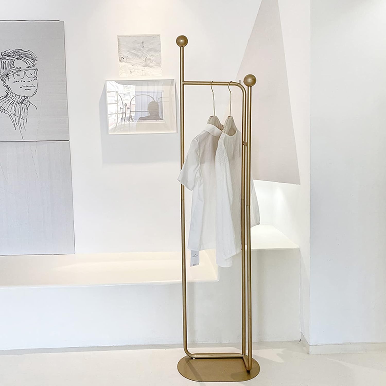 Heavy Duty Garment Rack Modern Metal Clothing Rack with Shelves Freestanding Coat Rack for Bedroom Hallway and Living Room Easy to Assemble Clothes Rail Small Space Storage Solution (Gold)