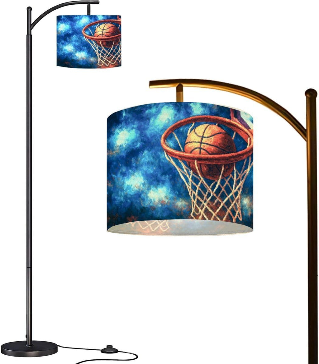 Arc Floor Lamp Sports Baseball Sport Theme Vintage Basketball Hoop Net Sky Dynamic Tall Standing Lamp Modern Dimmable with Remote Adjustable Drum Shade Footswitch for Living Room Bedroom Office
