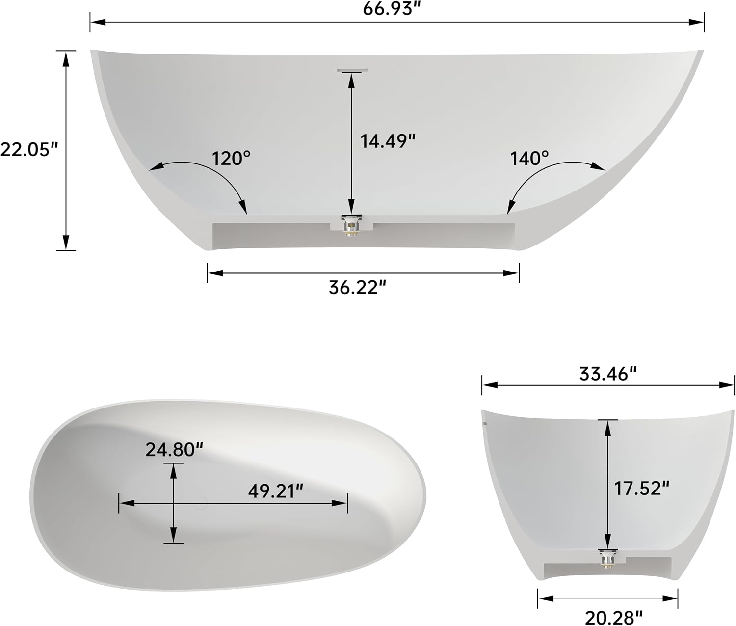 67' Stone Resin Freestanding Tub, Oval Solid Surface Bathroom Freestanding Bathtub, Thin Edge Stand Alone Tub with Integrated Slotted Overflow and Pop-up Drain, White 302-1700