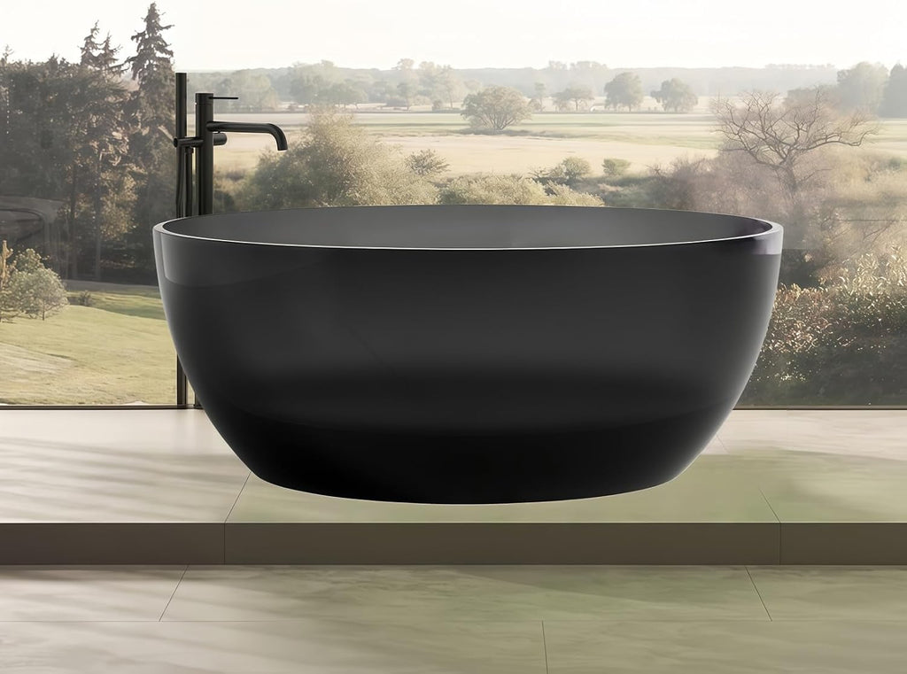 56' Edeyeu Round Freestanding Bathtub - Modern Soaker Tub, Extra-Deep Freestanding Tub with a Crystal-Clear Solid Surface, Suitable for Villas, Apartments, and Hotels Black