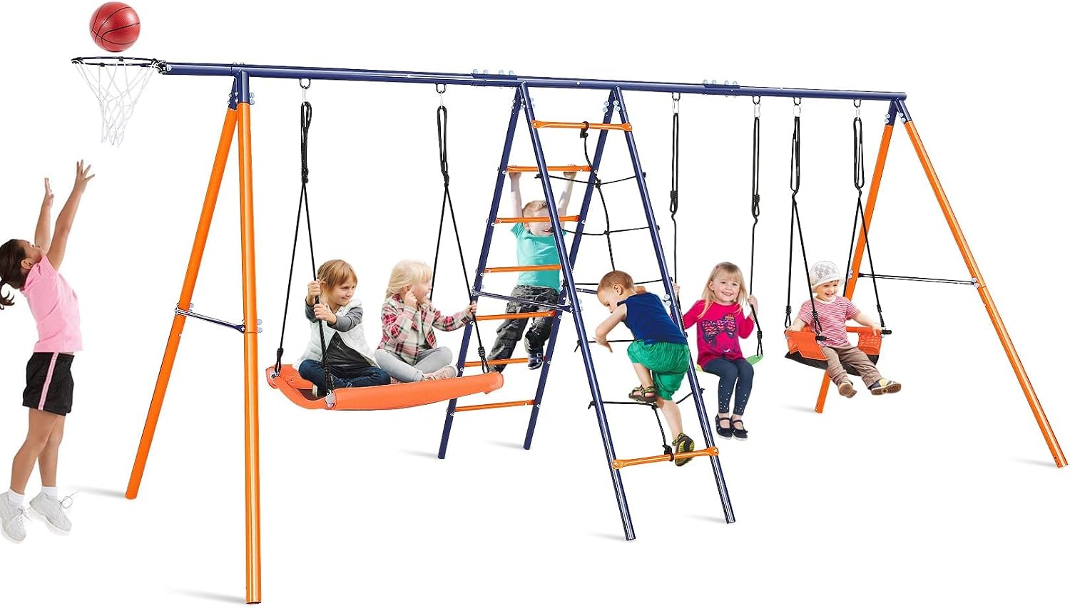 Swing Sets for Backyard, 6 in 1 Swing Set Outdoor for Kids 3-12, 700 lbs Heavy Duty Metal Toddler Playset Swingset for Playground with 3 Adjustable Swings, Basketball Hoop, Climbing Ladder and Nets