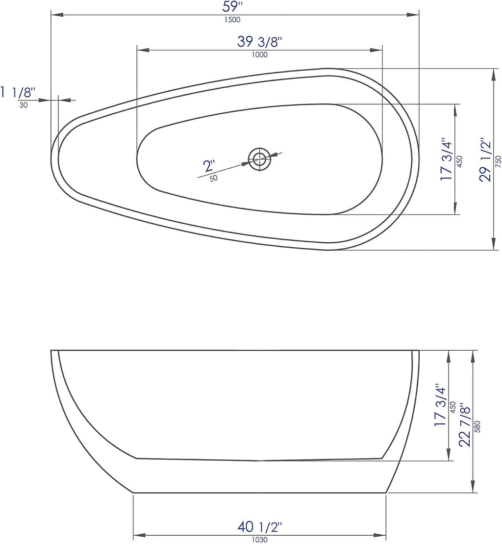 ALFI brand AB8862 59 inch Black & White Oval Acrylic Free Standing Soaking Bathtub