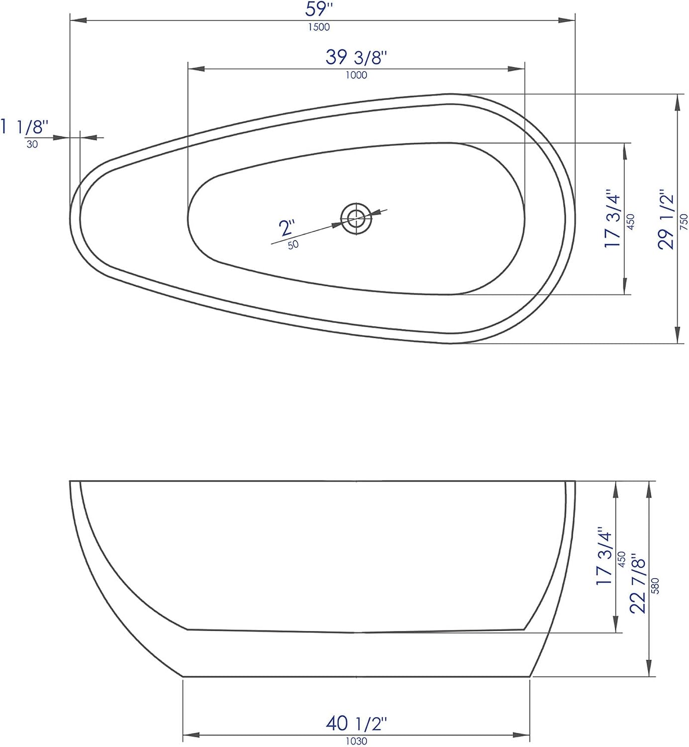 ALFI brand AB8862 59 inch Black & White Oval Acrylic Free Standing Soaking Bathtub