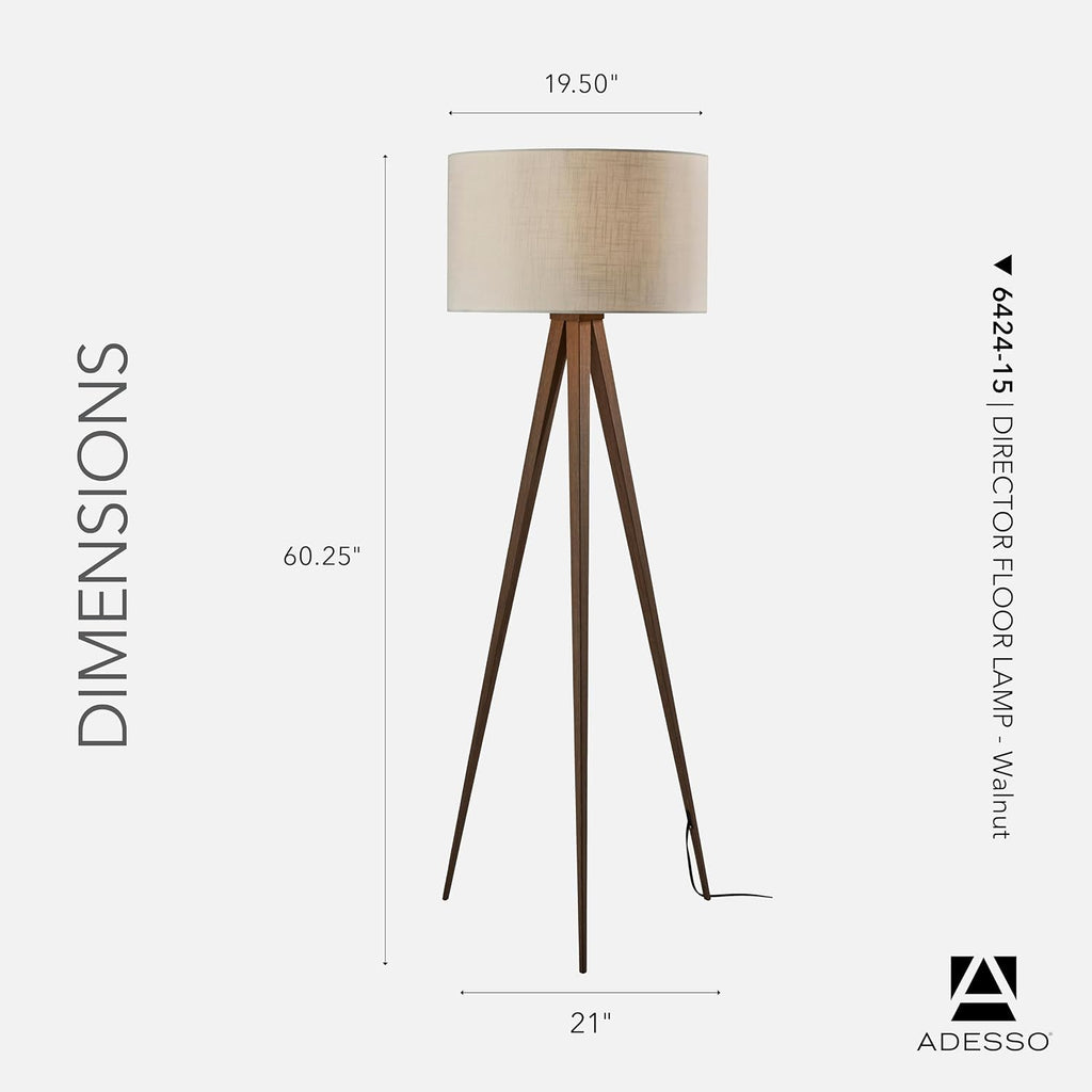 Adesso Floor Lamp with Walnut Rosewood Veneer and Beige Fabric Lampshade – 3-Way Adjustable Brightness, Lamp for Bedroom, Living Room, and House Décor, 60.25' x 21'