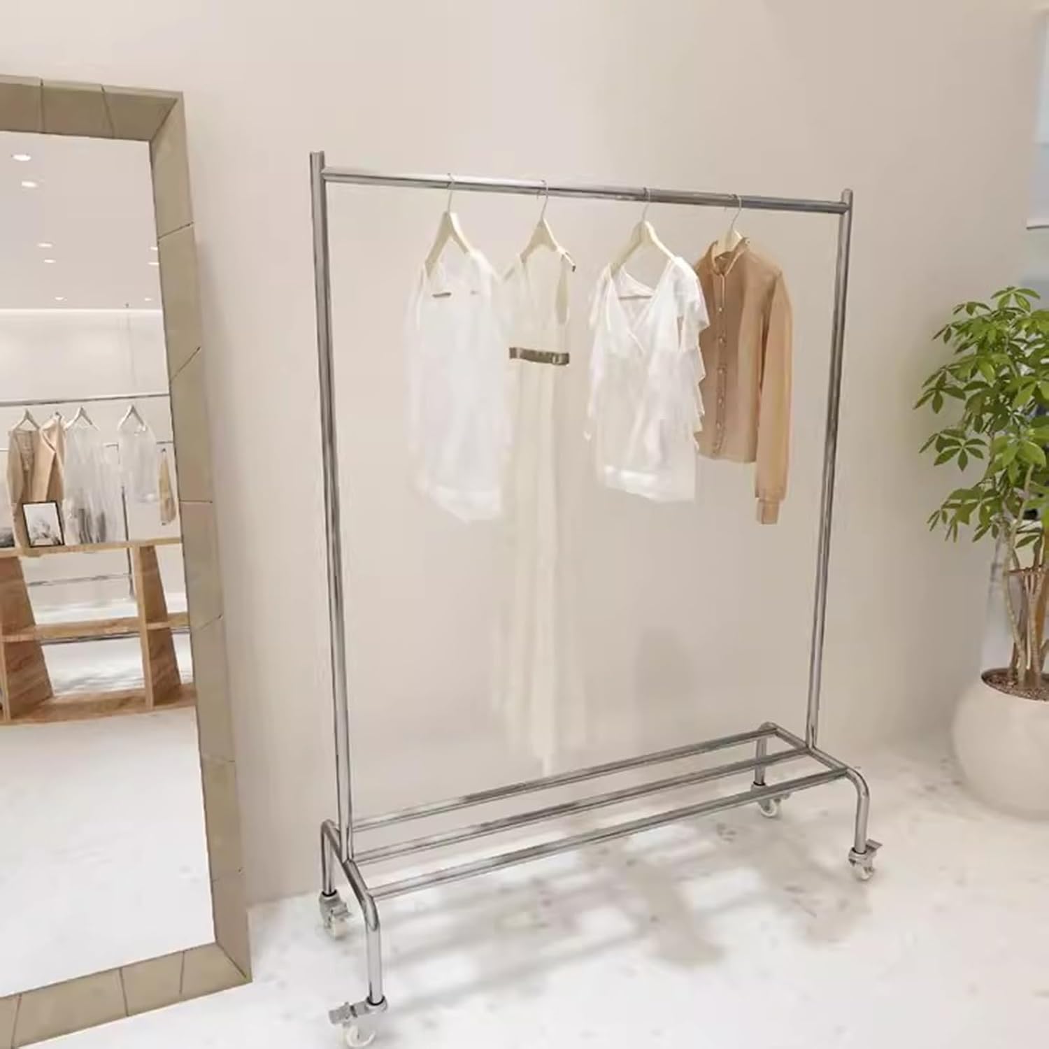Heavy duty Garment rack 2-in-1 Clothing Rack On Wheels, Multi-functional Clothes Rack With Storage Rack, Rolling Clothes Organizer For Bedroom And Living-room, Silver Stainless Steel Coat Rack ( 80X4
