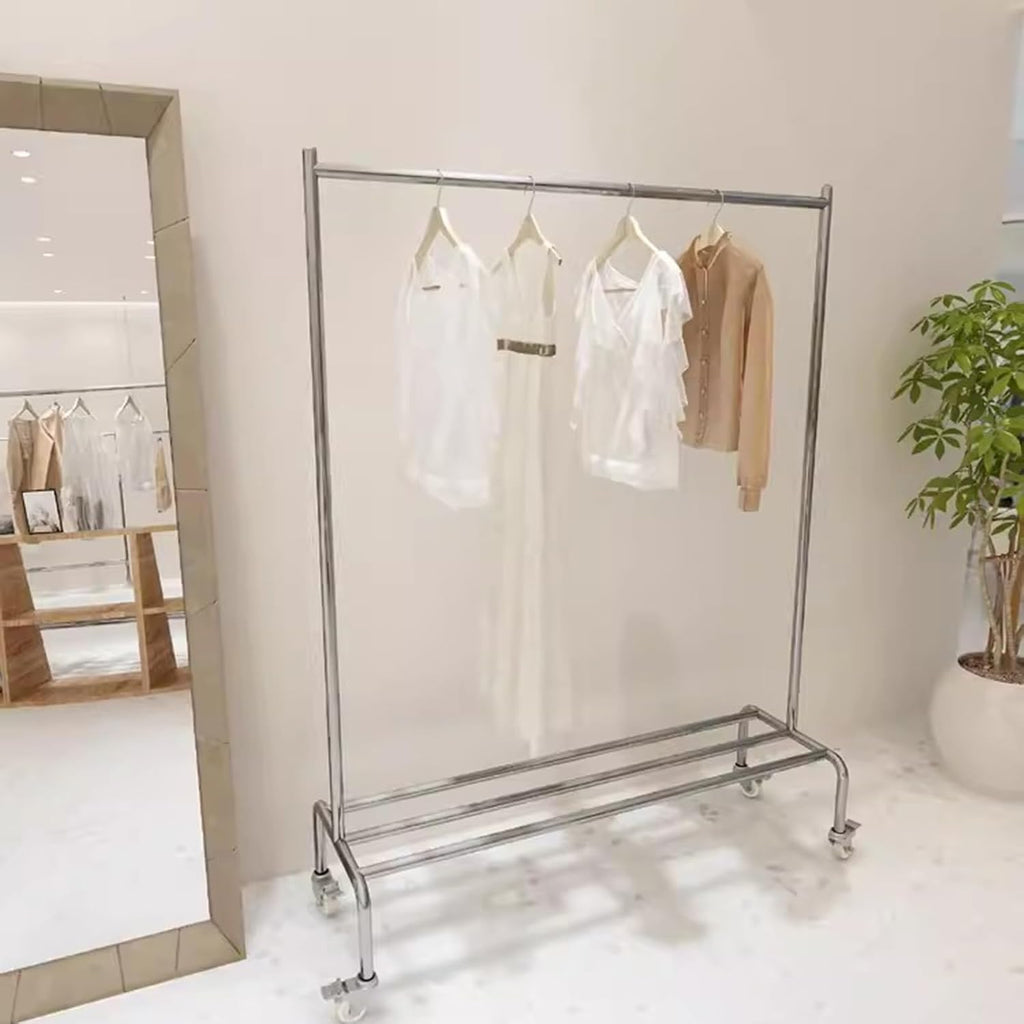 Heavy duty Garment rack 2-in-1 Clothing Rack On Wheels, Multi-functional Clothes Rack With Storage Rack, Rolling Clothes Organizer For Bedroom And Living-room, Silver Stainless Steel Coat Rack ( 120X