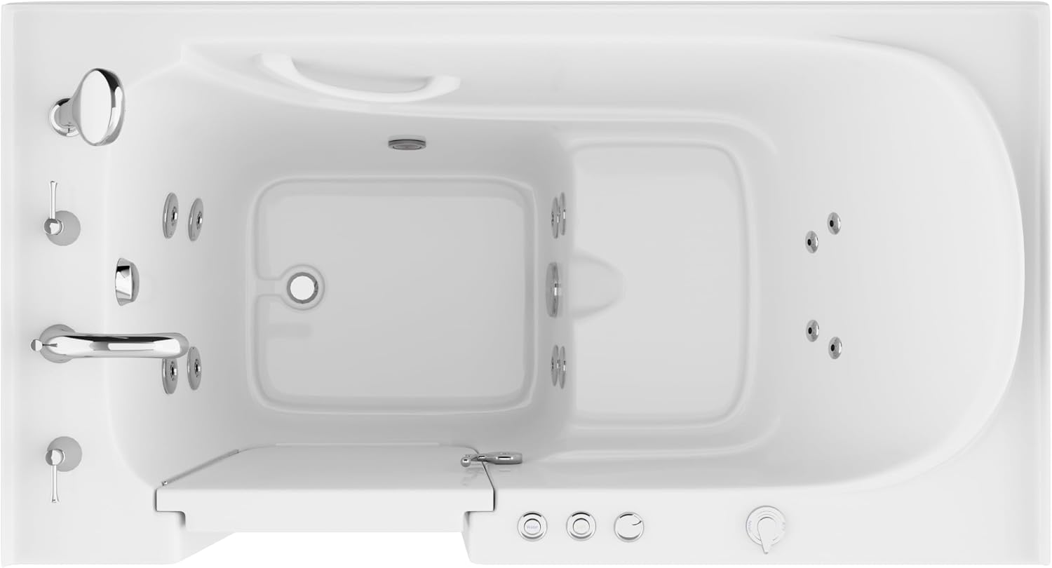ANZZI Walk-In Whirlpool Bathtub 32 in. x 60 in. Left Drain White Acrylic, Quick Fill Faucet, Powered Fast Drain, Chromatherapy, 12 Hydro Massage Jets, Seat, Grab Bar, Maintenance Heater | AMZ3260LWH