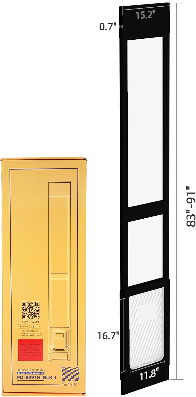 Elevon Dog Door for Sliding Glass Door, Doggie Door Insert with Magnetic Closing Latch Plate, Adjustable Height 83'-91' Slider Height, Patio Pets Door for Dogs, No-Cut Install, Black