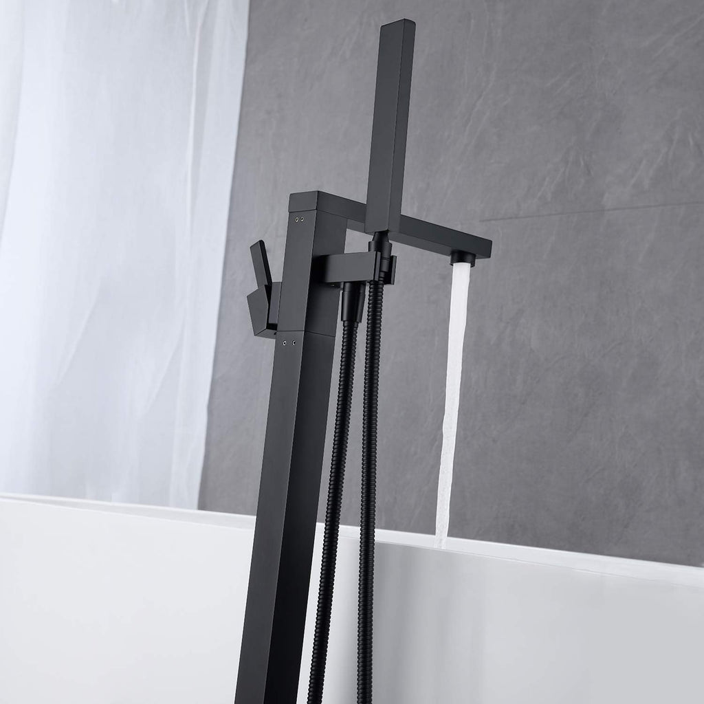 Wowkk Freestanding Bathtub Faucet Tub Filler Black Floor Mount Bathroom Faucets Brass Single Handle with Hand Shower