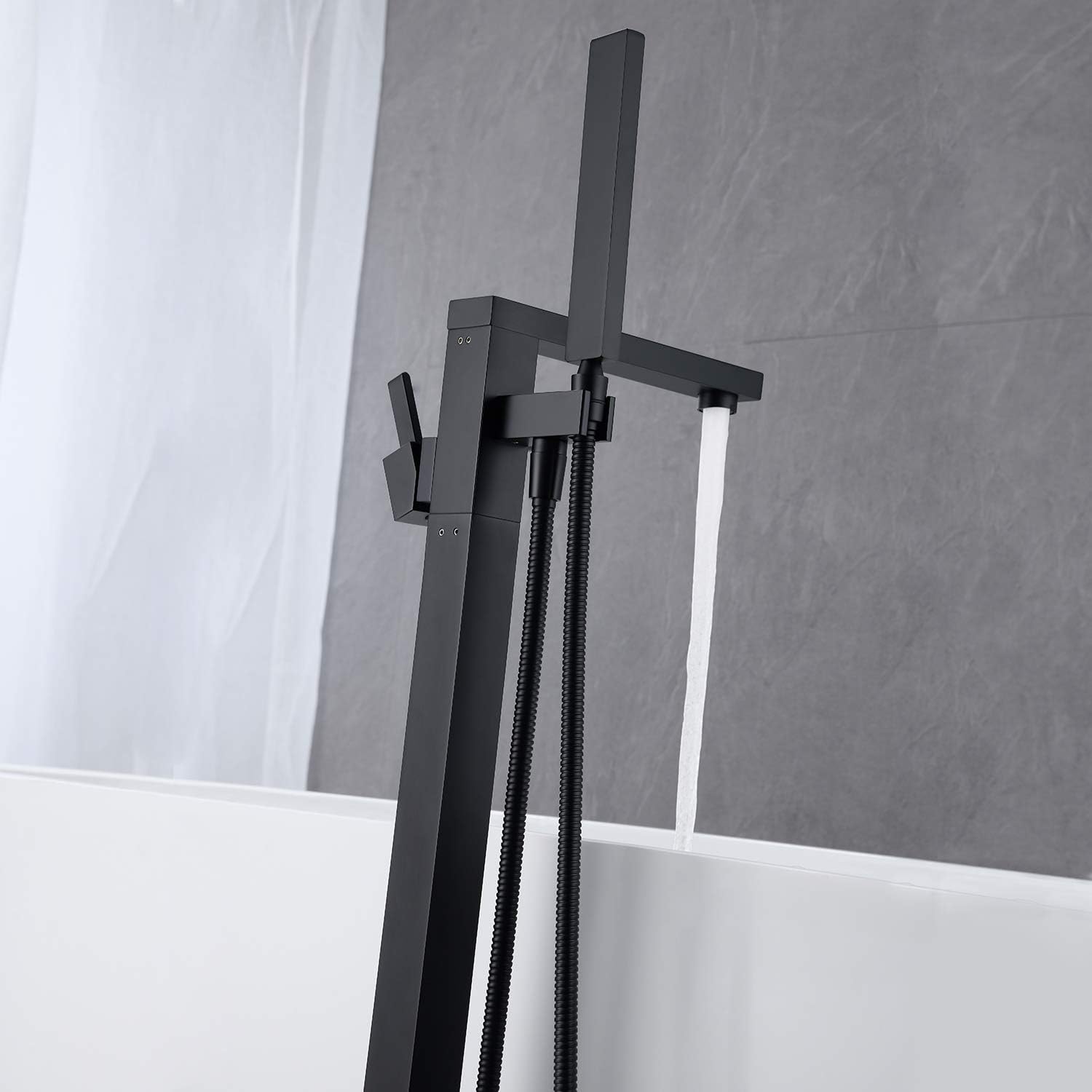 Wowkk Freestanding Bathtub Faucet Tub Filler Black Floor Mount Bathroom Faucets Brass Single Handle with Hand Shower