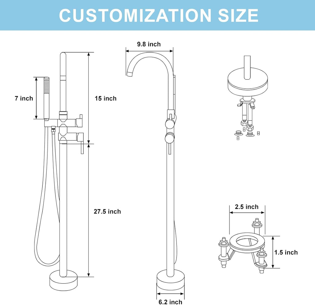 HAWKROWN Freestanding Bathtub Faucet, Floor Mount Bathtub Faucet with 2 Water Outlet Mode, Swivel Gooseneck Spout with Hand Shower, Brass Single Handle Tub filler, Max Flow Rate 7.4 GPM,Brushed Nickel