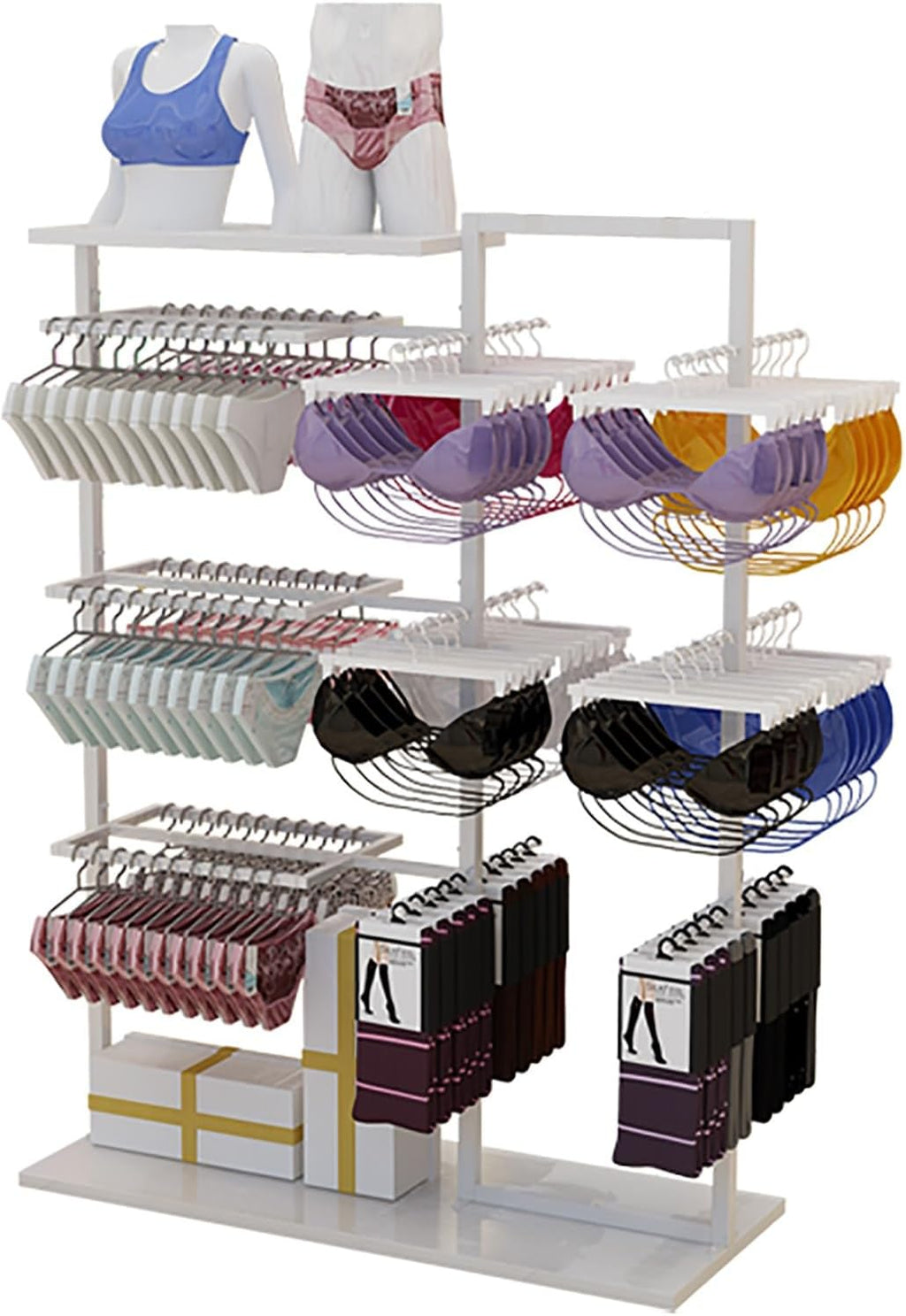 Retail Store Display Rack,Freestanding Clothes Rack Double-Sided Hanger,Heavy Duty Metal Underwear Bra Shorts Socks Display Stand,Island Shelf with Multi-Layer Divider (C)