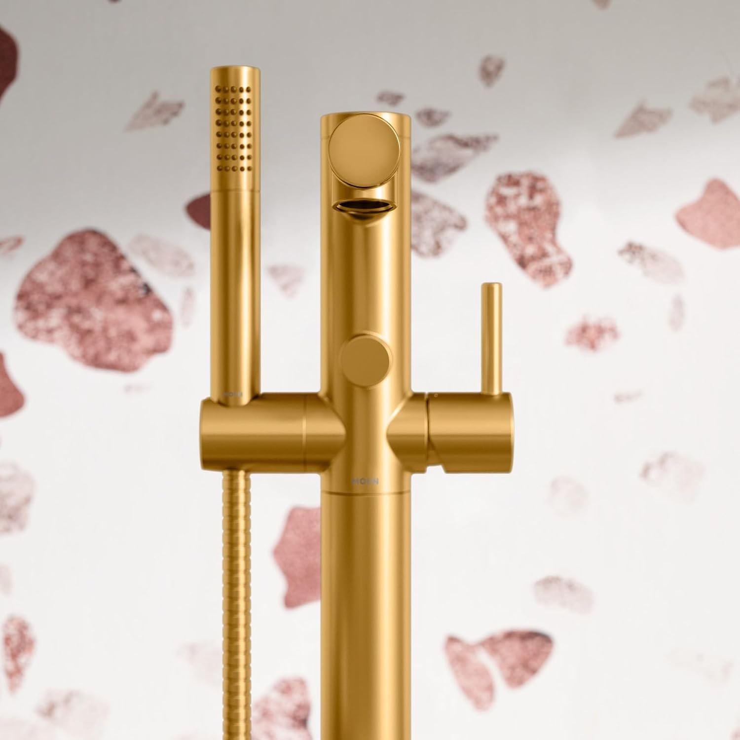 Moen Align Brushed Gold One-Handle Freestanding Floor Mount Tub Filler, Freestanding Tub Faucet with Handshower, 395BG