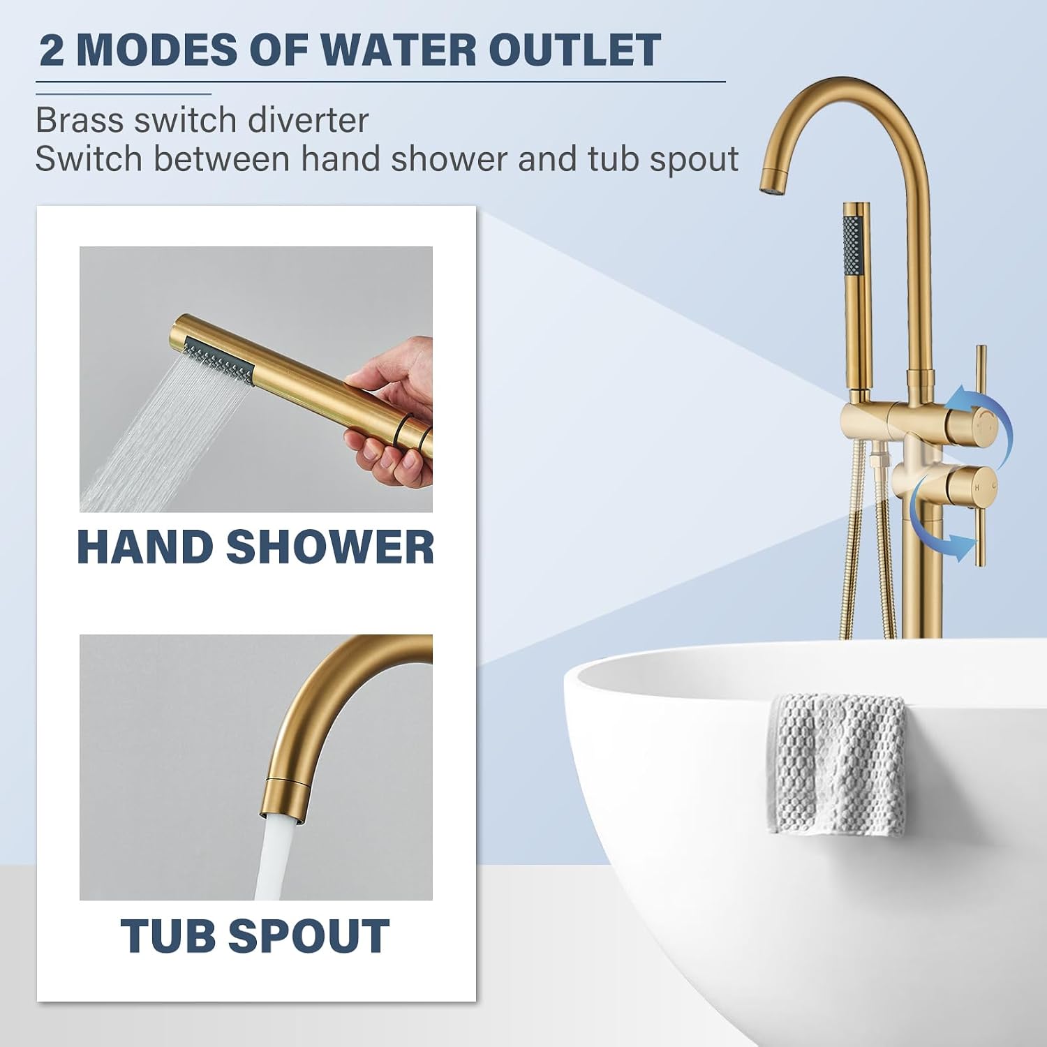 Brushed Gold Freestanding Bathtub Faucet with Hand Shower Tub Filler Faucet Floor Mounted High Flow Single Handle Bath Filler Solid Brass