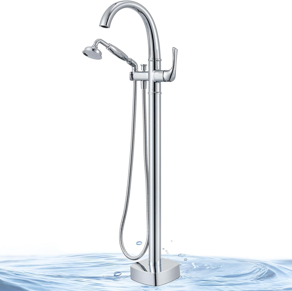 Free Standing Tub Faucet, Jabbol Luxury Freestanding Bathtub Faucet with Sprayer, Brass Bathroom Floor Mount Tub Filler, Polished Chrome (JB-8811CP)