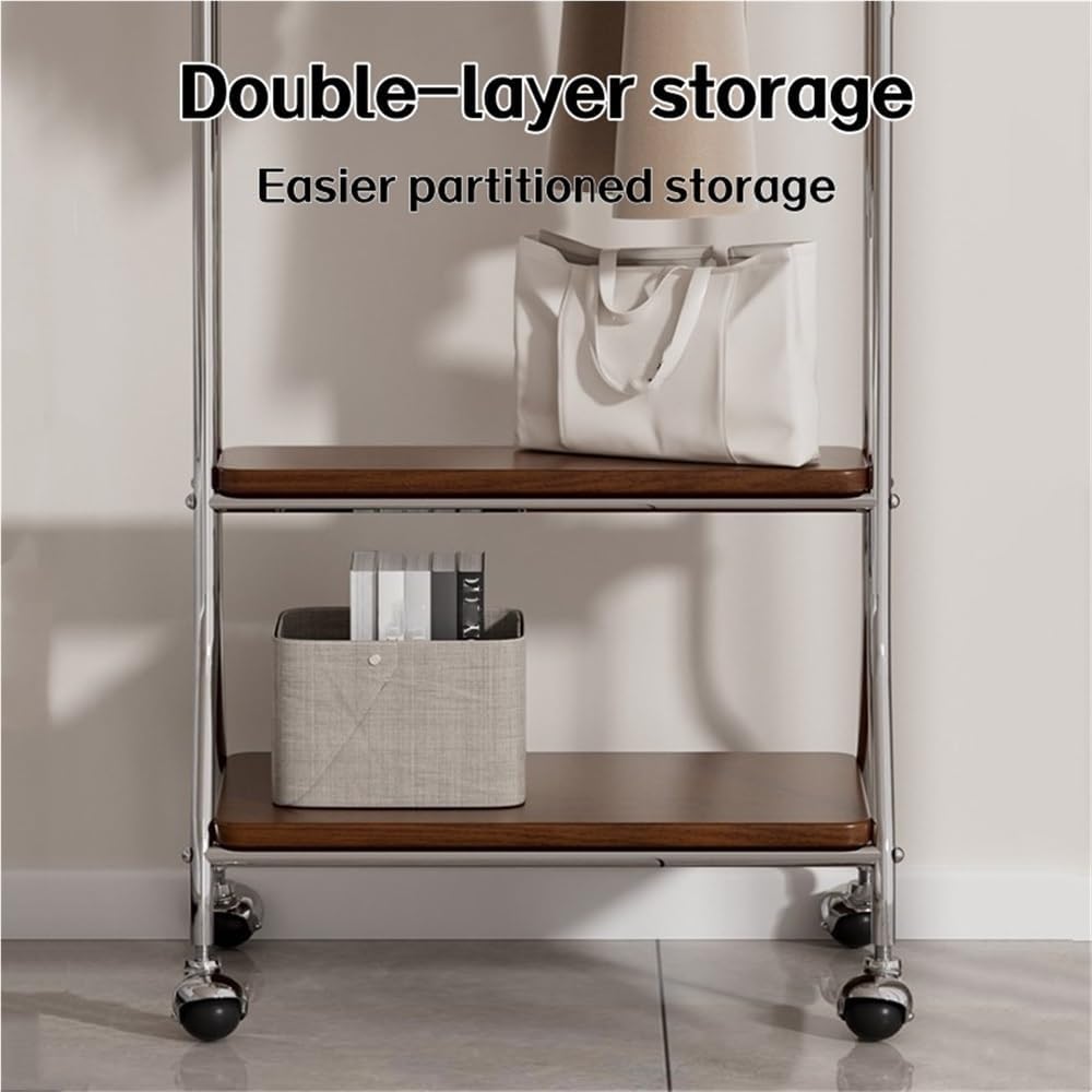 Metal Coat Rack with 2 Shelves Storage, Modern Solid Wood Hanging Rod Clothes Rack, Movable Freestanding Garment Rack for Entryway, Bedroom or Living Room(Black)
