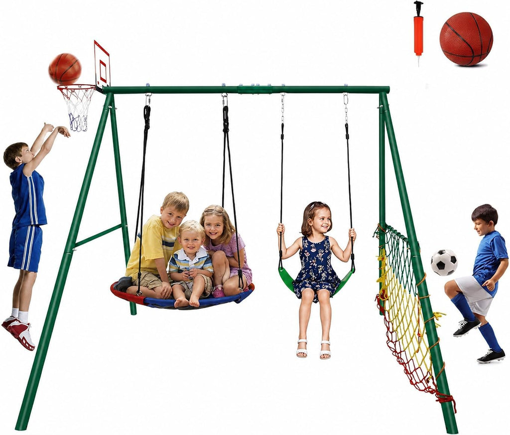 CYFIE Swing Set, Outdoor Playset for Kids with Saucer Swing, Belt Swing, Heavy Duty Metal Frame Swing Stand, Basketball Hoop and Soccer Goal, Swing Sets for Backyard, Playground, Park