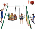 CYFIE Swing Set, Outdoor Playset for Kids with Saucer Swing, Belt Swing, Heavy Duty Metal Frame Swing Stand, Basketball Hoop and Soccer Goal, Swing Sets for Backyard, Playground, Park