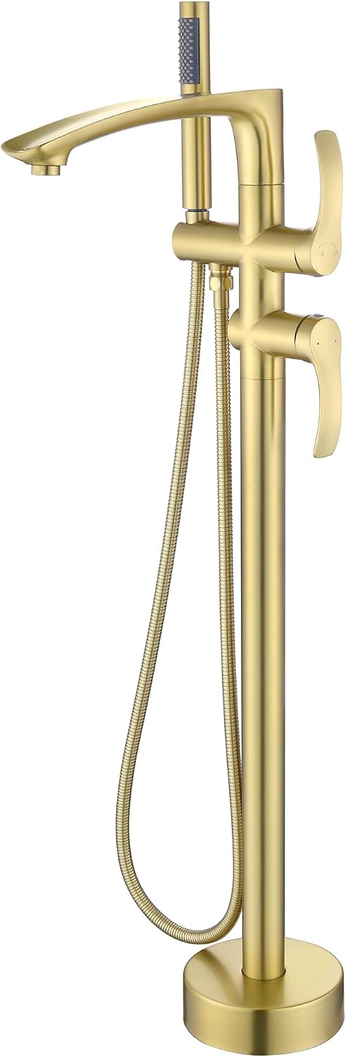 Free Standing Tub Faucet, Brushed Gold Floor Mount Bathtub Faucet with 360 Swivel Spout and Hand Shower, High Flow Stainless Steel Freestanding Tub Filler JXM-F001BG