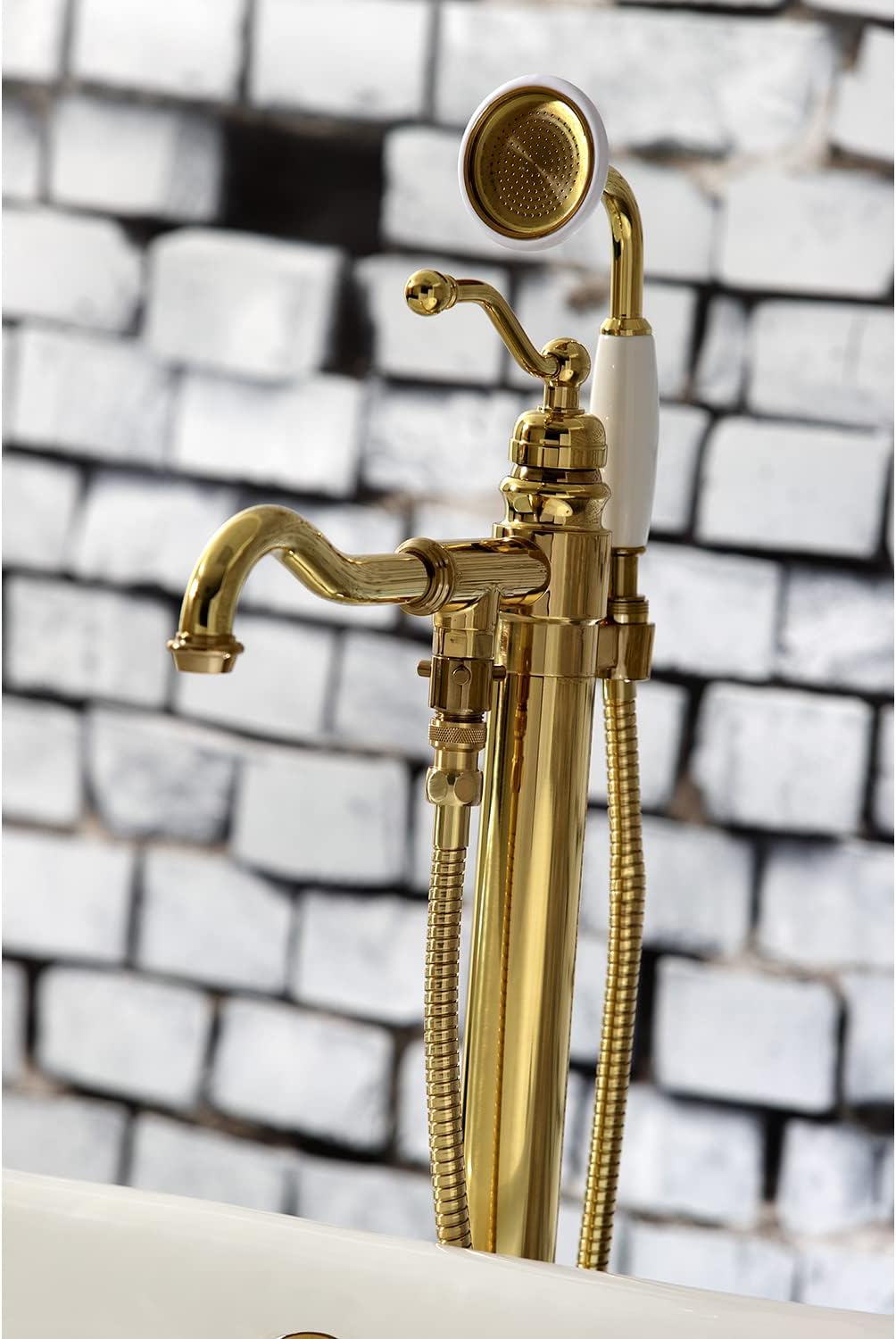 Kingston Brass KS7132ABL English Country Freestanding Tub Faucet with Hand Shower, Polished Brass