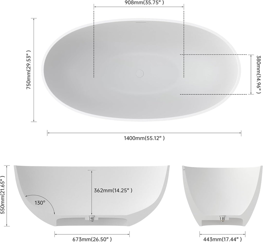 55'' Stone Resin Free Standing Tub, Freestanding Bathtub Solid Surface, Modern Soaking Tub with Overflow and Pop-up Drain in White