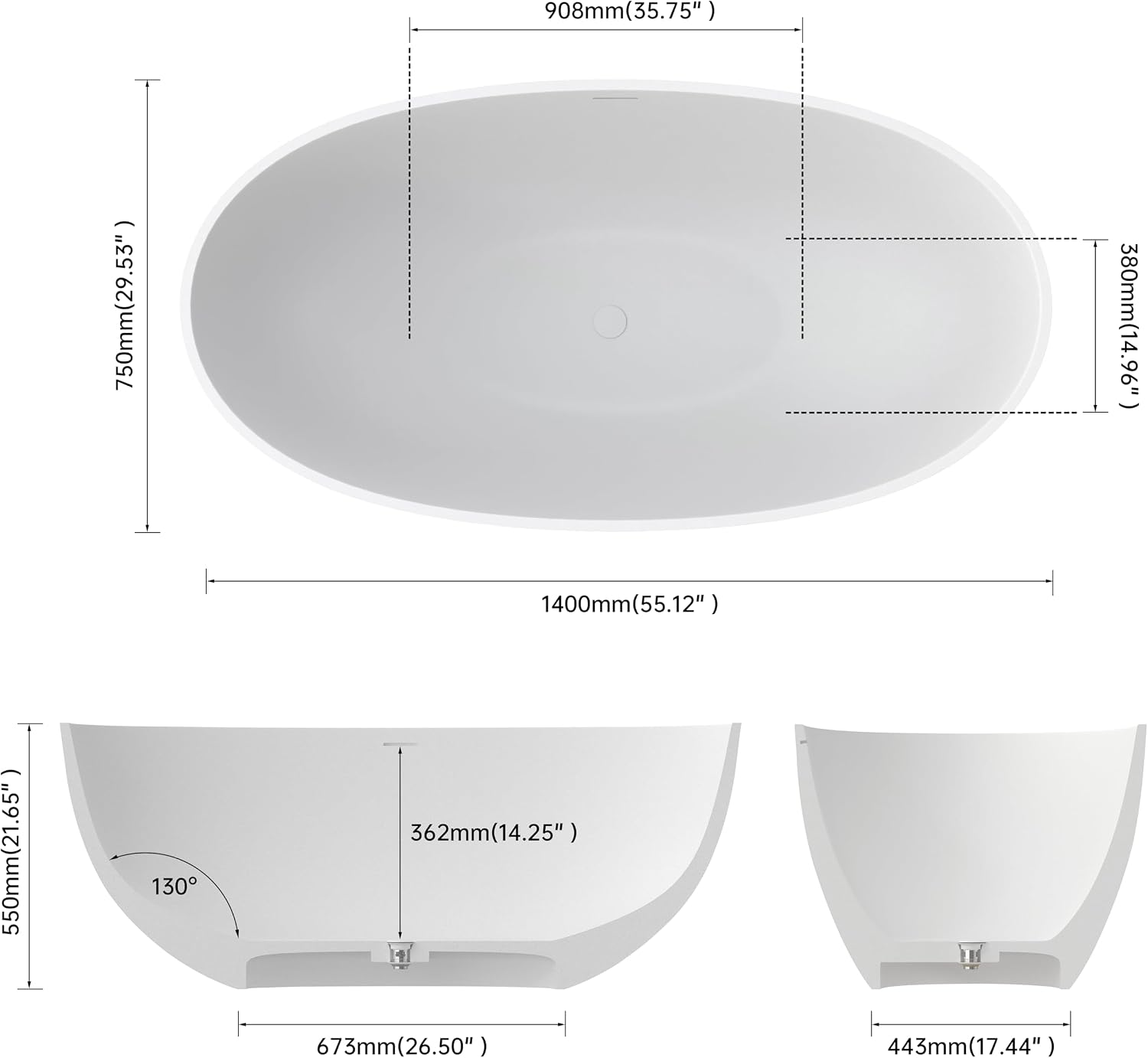 55'' Stone Resin Free Standing Tub, Freestanding Bathtub Solid Surface, Modern Soaking Tub with Overflow and Pop-up Drain in White