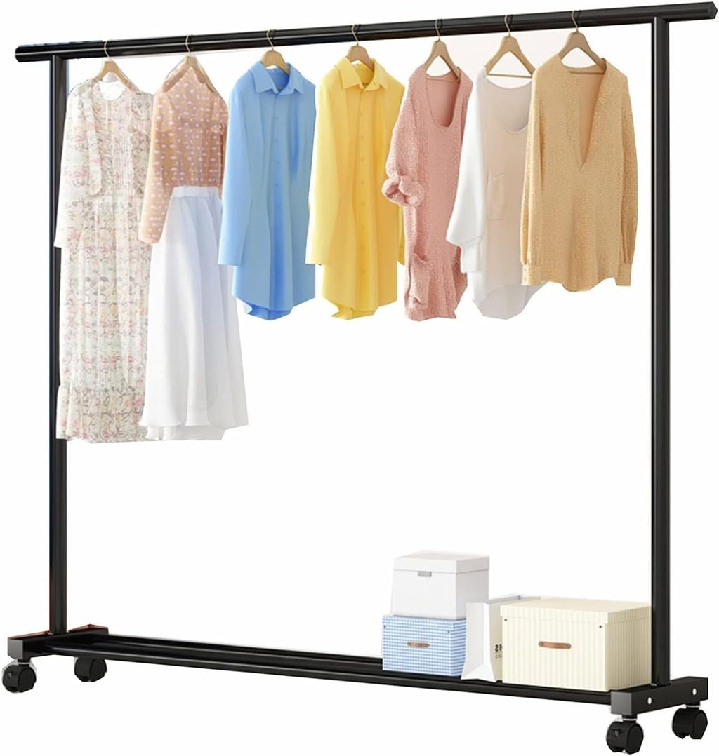 Heavy Duty Black Metal Clothing Rack with Wheels, Freestanding Garment Rail & Lower Shoe Storage Shelf 120x35x140cm