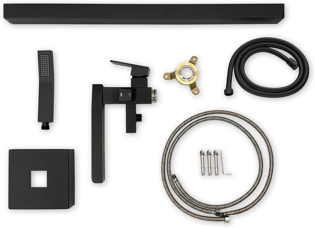 WELLFOR Floor Mount Tub Faucet with Hand Shower 1-handle Freestanding Bathtub Filler Single Handle Show Faucet, High flow 6GPM, Solid Brass Mounting Bracket Shower Faucet Kit, Matte Black